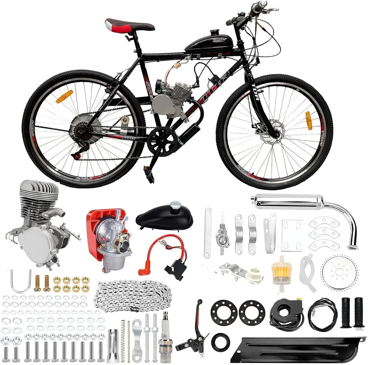 100cc Bicycle Engine Kit,2 Stroke Cycle Bicycle Gas Motorized Gasoline Engine Motor Kit,Full Set Energy Saving Bike Engine Kit for 26" 28" Bike