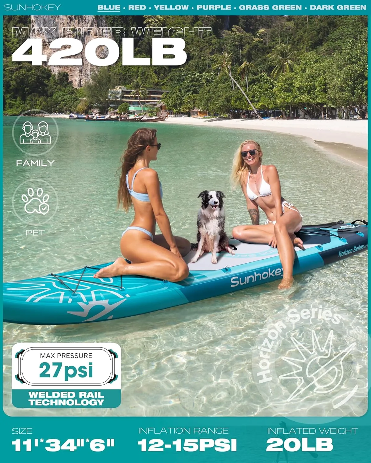 11'34'' Extra Wide Inflatable Paddle Board with Seam Welded Technology, Stand Up Paddle Board, 420lb Capacity for Adults, Sup Board for All-Level with 2-Blade Paddle/Dual-Action Pump/Leash