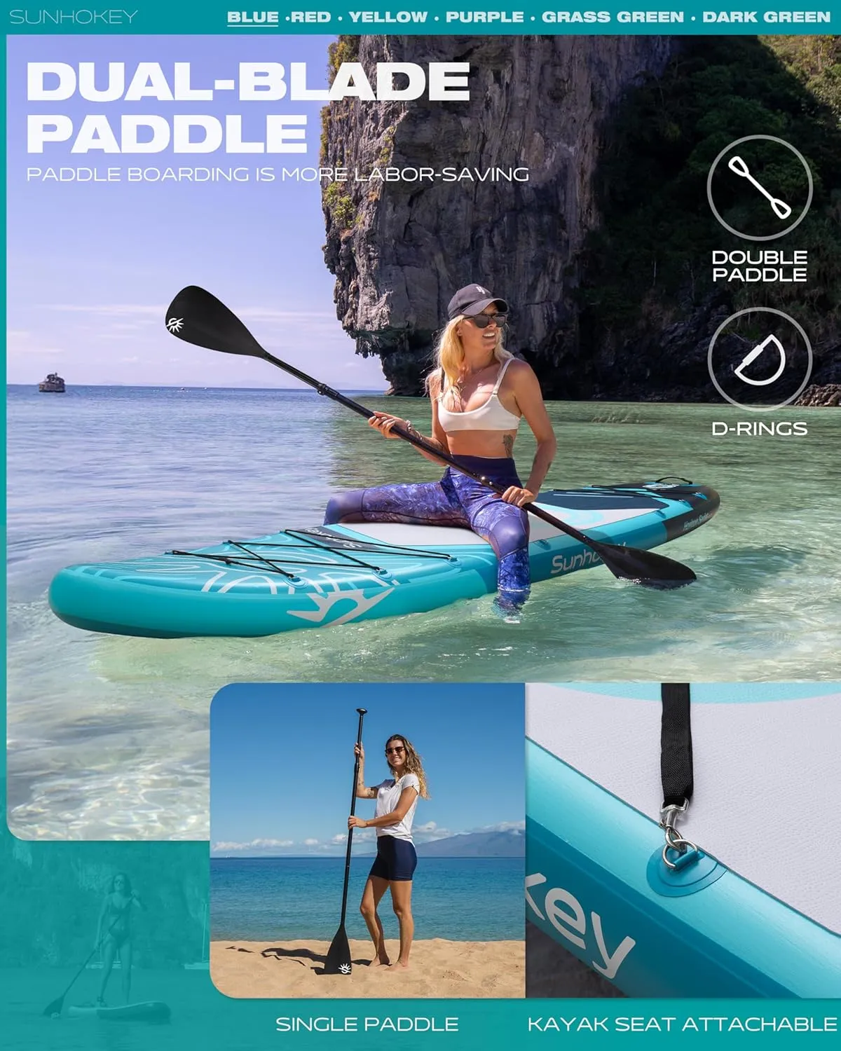 11'34'' Extra Wide Inflatable Paddle Board with Seam Welded Technology, Stand Up Paddle Board, 420lb Capacity for Adults, Sup Board for All-Level with 2-Blade Paddle/Dual-Action Pump/Leash