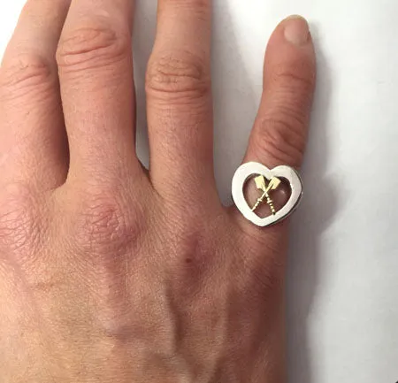 14Kt Gold Crossed Rowing Oars Inside Silver Heart Ring