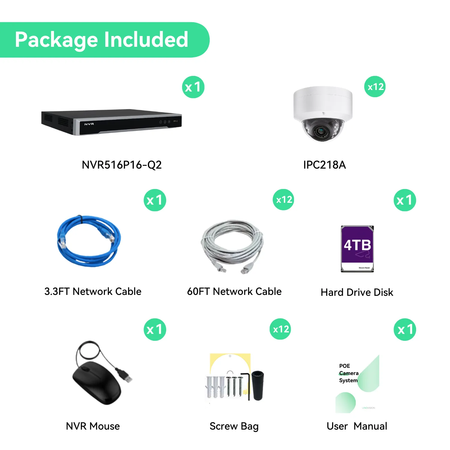 16 Channel 4K NVR PoE IP Camera System H.265  8 Channel 4K NVR with 2TB HDD and 12 Outdoor 8MP PoE Dome Security Cameras (KIT1612D8)
