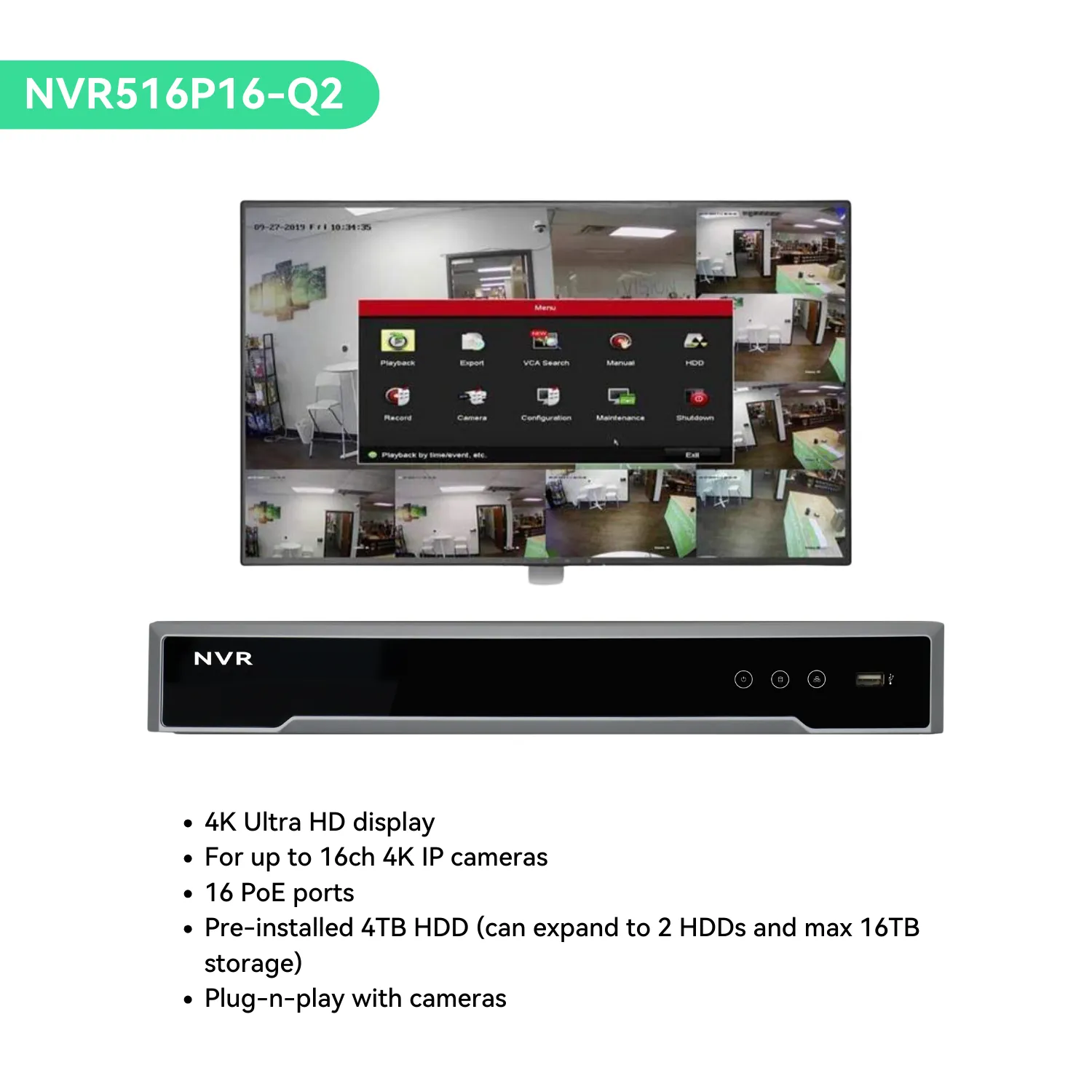 16 Channel 4K NVR PoE IP Camera System H.265  8 Channel 4K NVR with 2TB HDD and 12 Outdoor 8MP PoE Dome Security Cameras (KIT1612D8)