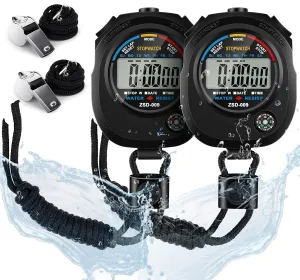 2 Pack Digital Stop watch Timer with 2 Whistle Set | Waterproof Stopwatch with Large Display Date, Time & Alarm | Sports Stopwatch for Swimming, Running and Fitness | Perfect for Coaches | Black