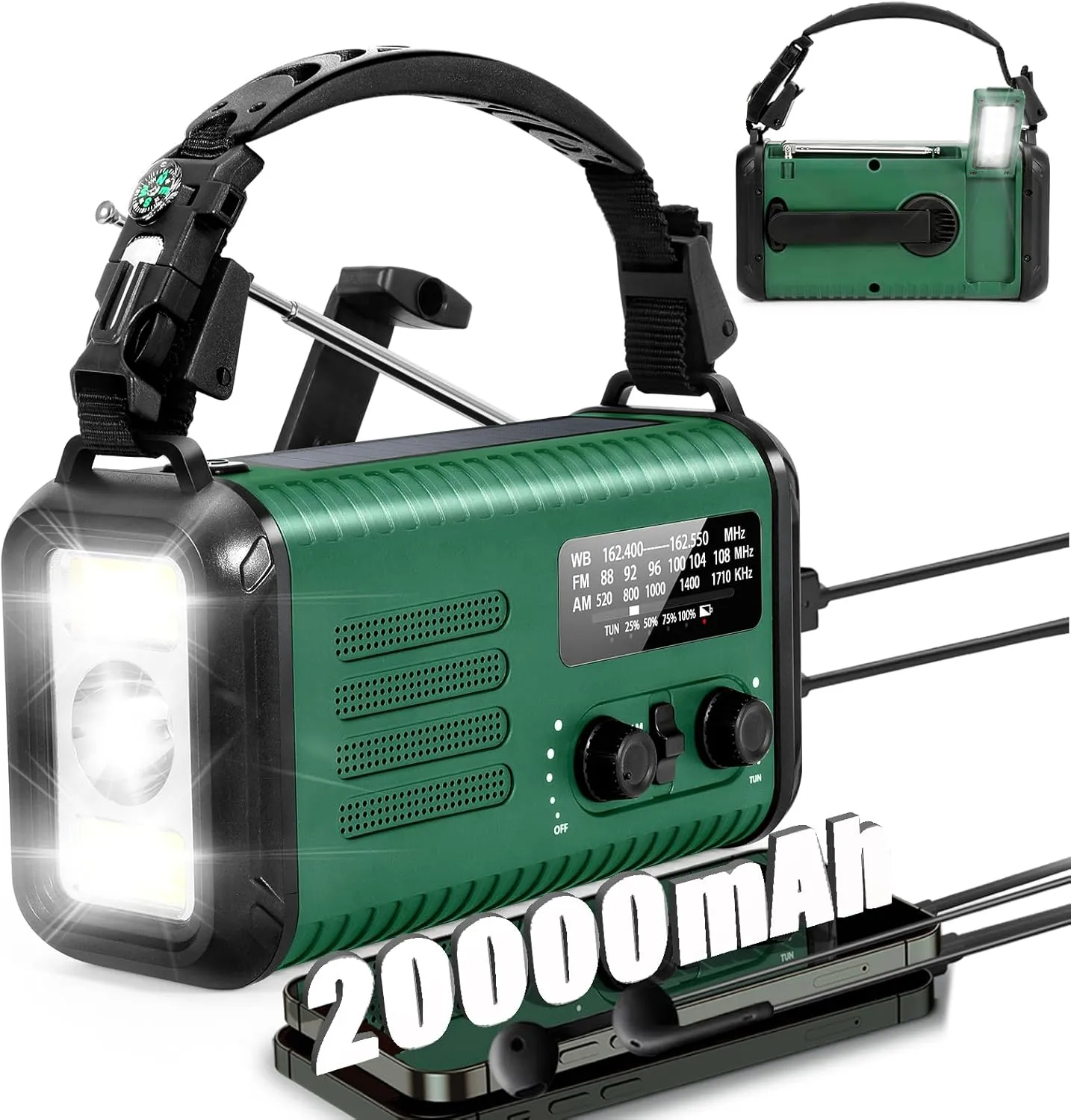 20000mAh / 74000mWh Emergency Radio, Solar Hand Crank Radio AM/FM/NOAA Weather Radio, Battery Powered with Cell Phone Charger, SOS Alarm, Flashlight & Reading Lamp for Emergencies Hurricane Camping