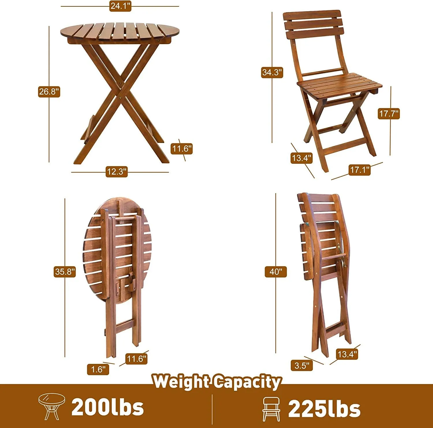 3-Piece Outdoor Wood Round Bistro Set, Patio Folding Furniture Set