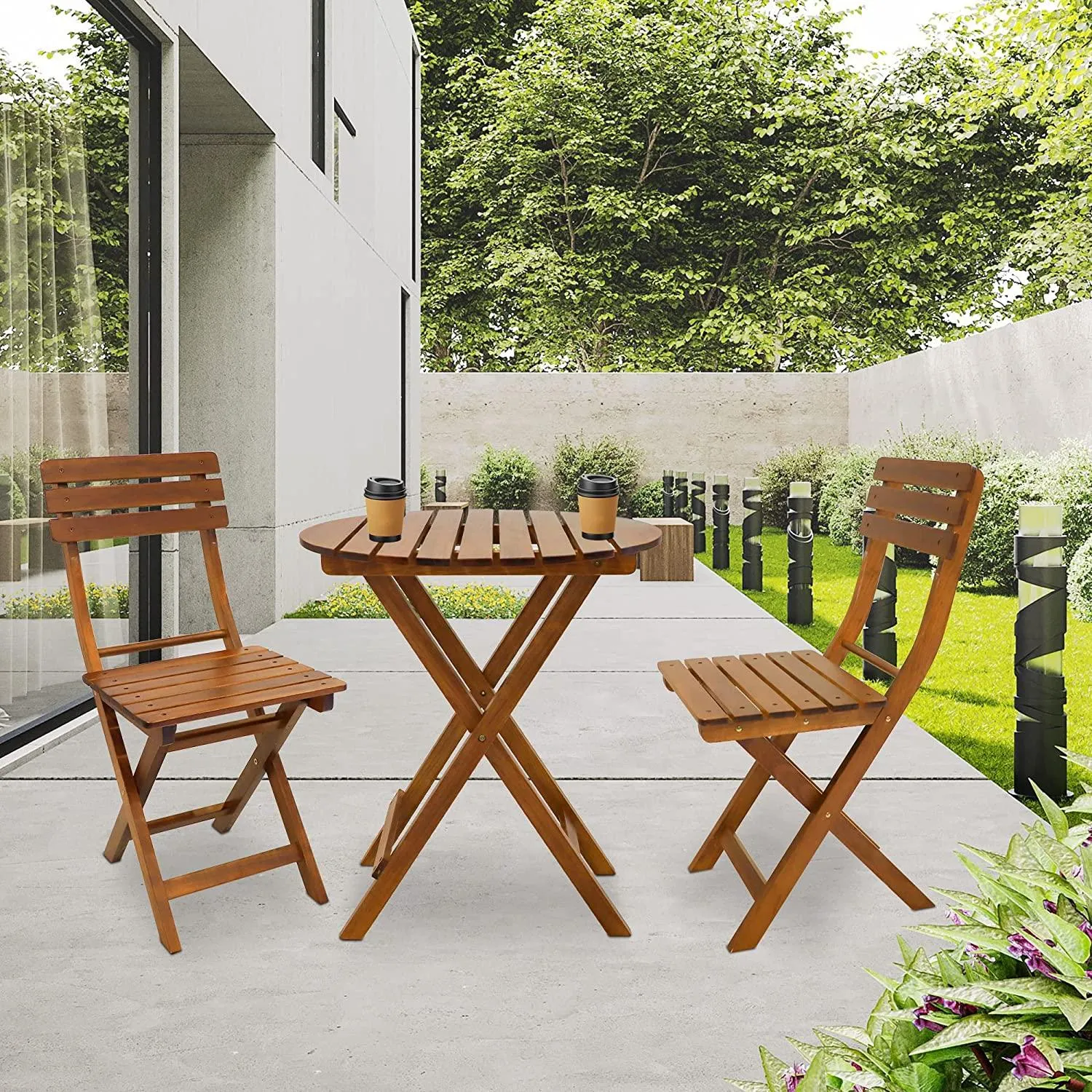 3-Piece Outdoor Wood Round Bistro Set, Patio Folding Furniture Set