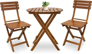 3-Piece Outdoor Wood Round Bistro Set, Patio Folding Furniture Set