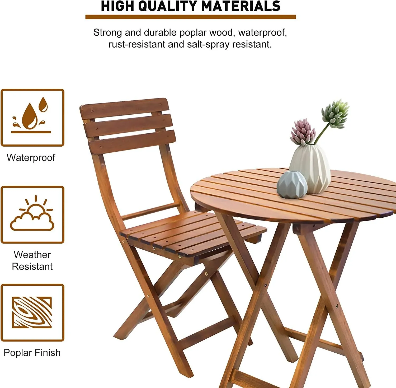 3-Piece Outdoor Wood Round Bistro Set, Patio Folding Furniture Set