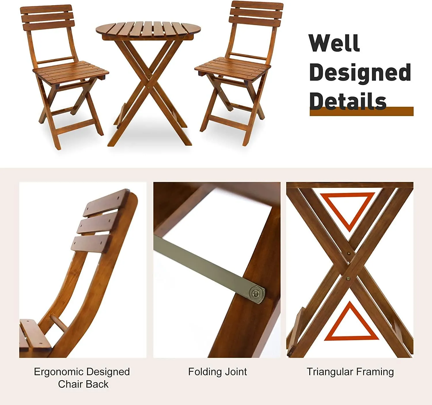 3-Piece Outdoor Wood Round Bistro Set, Patio Folding Furniture Set
