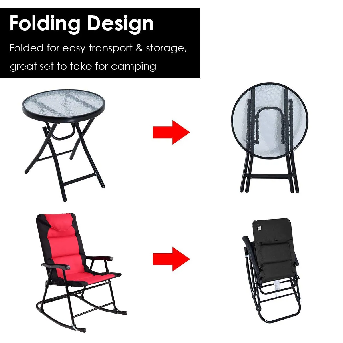 3 Pieces Folding Bistro Set, Outdoor Rocking Chairs with Round Table Set