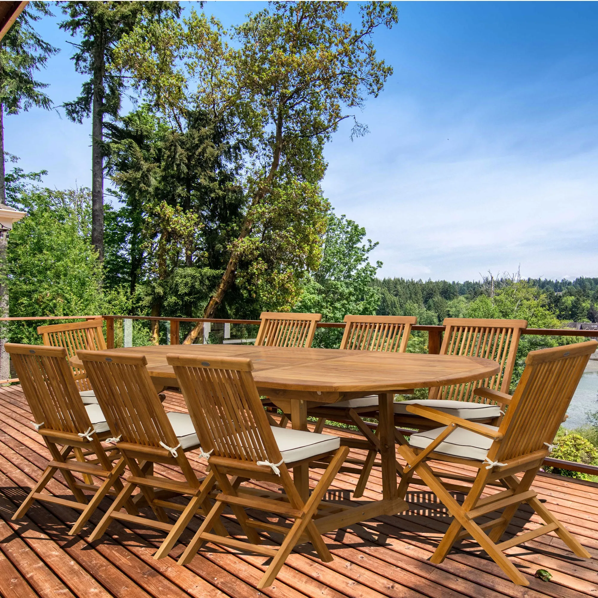 9 Piece Teak Wood Miami Patio Dining Set with Oval Extension Table, 2 Folding Arm Chairs and 6 Folding Side Chairs