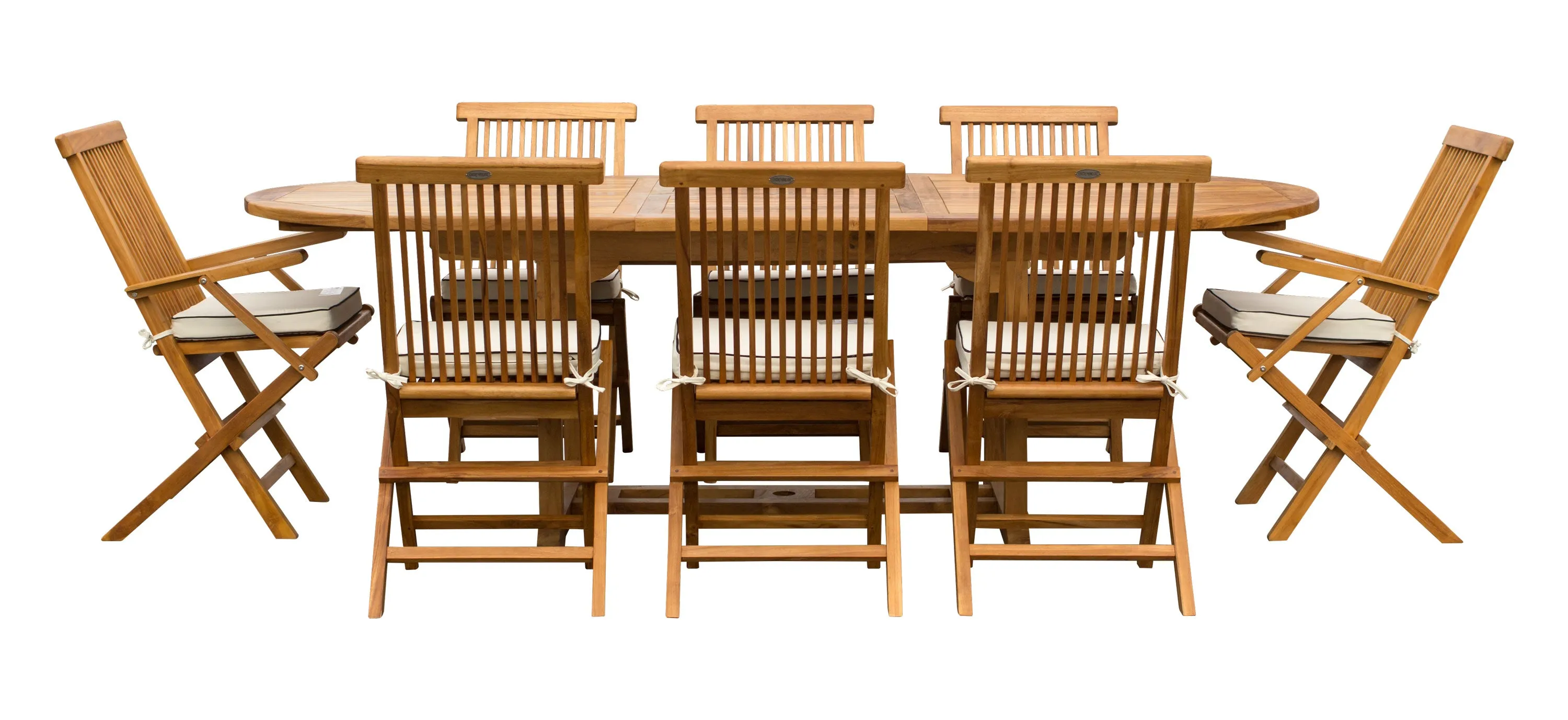 9 Piece Teak Wood Miami Patio Dining Set with Oval Extension Table, 2 Folding Arm Chairs and 6 Folding Side Chairs