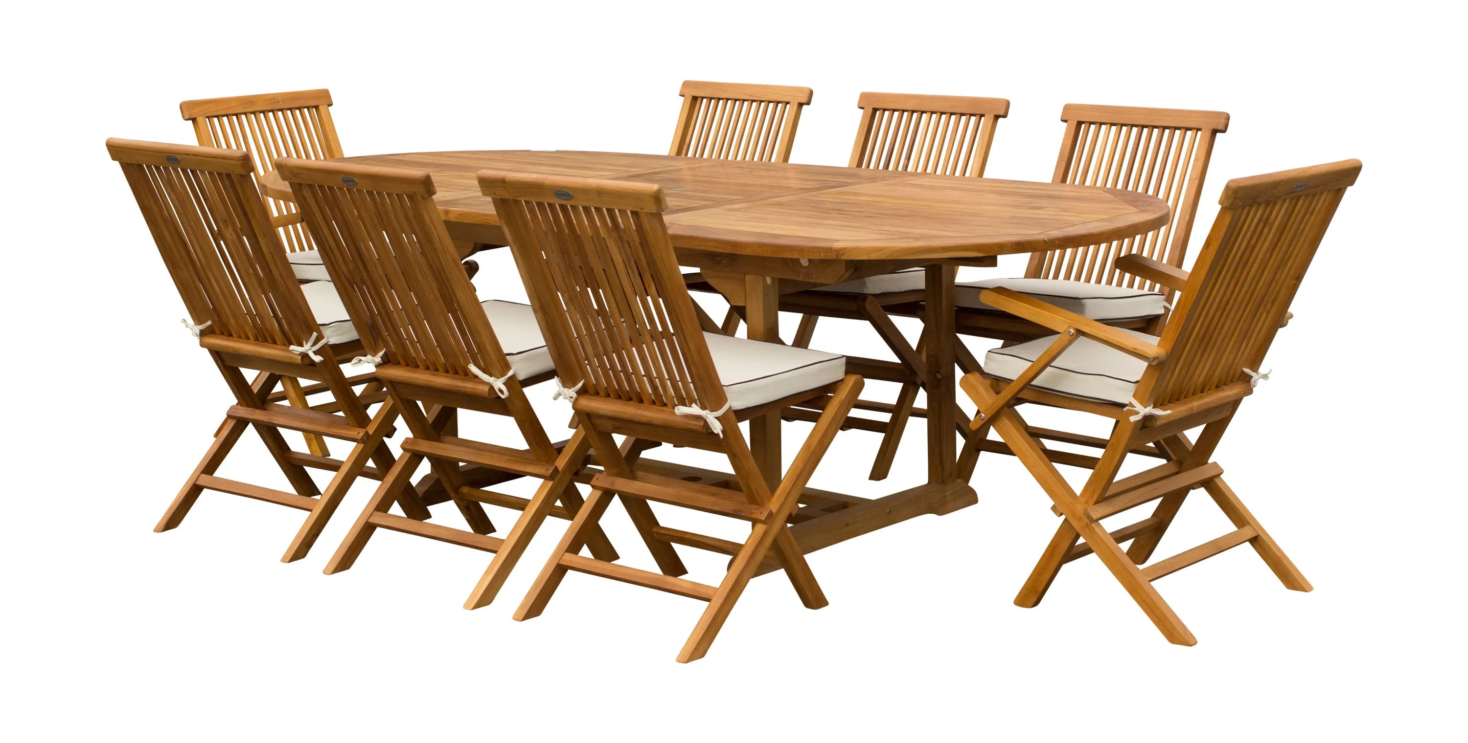 9 Piece Teak Wood Miami Patio Dining Set with Oval Extension Table, 2 Folding Arm Chairs and 6 Folding Side Chairs