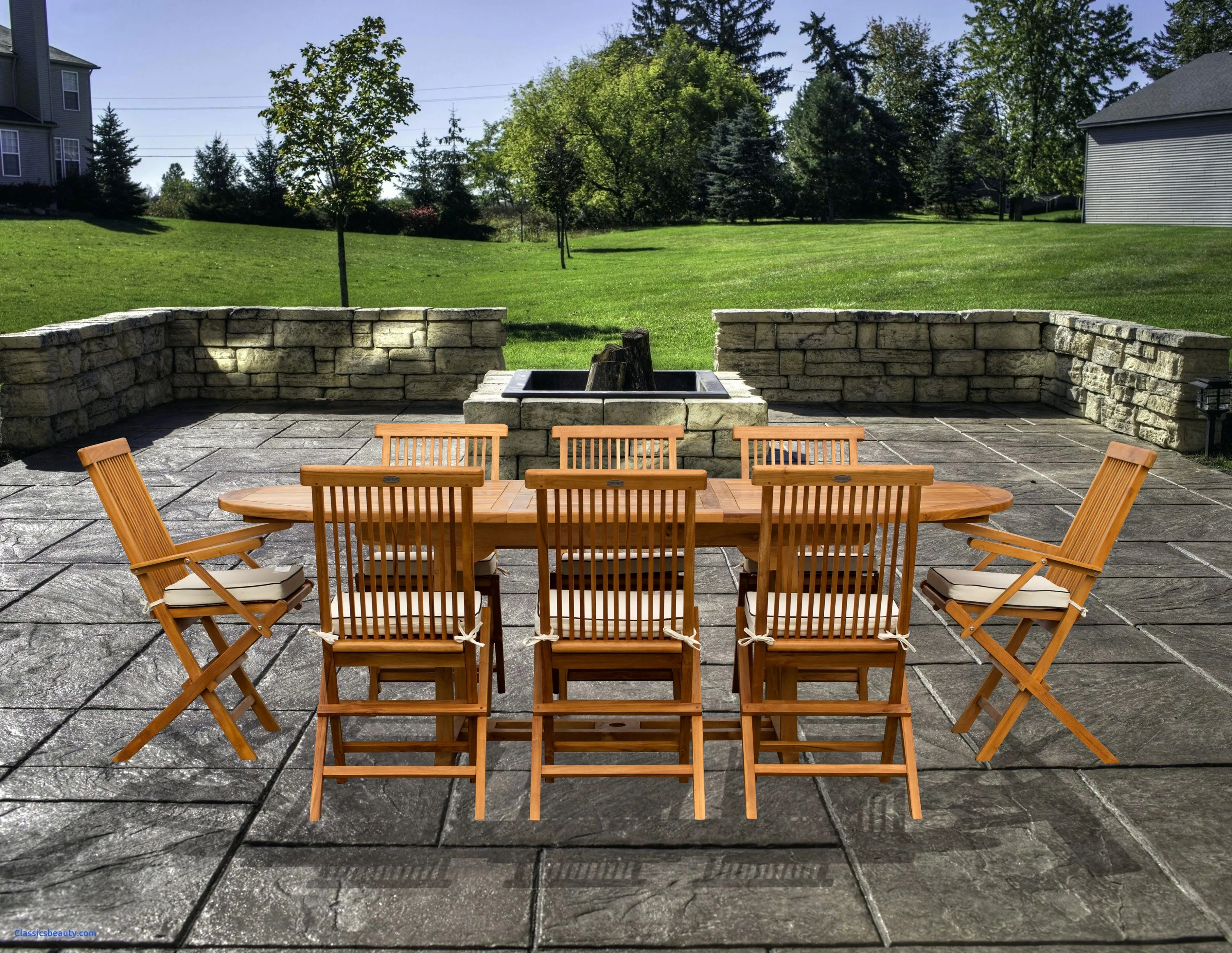 9 Piece Teak Wood Miami Patio Dining Set with Oval Extension Table, 2 Folding Arm Chairs and 6 Folding Side Chairs