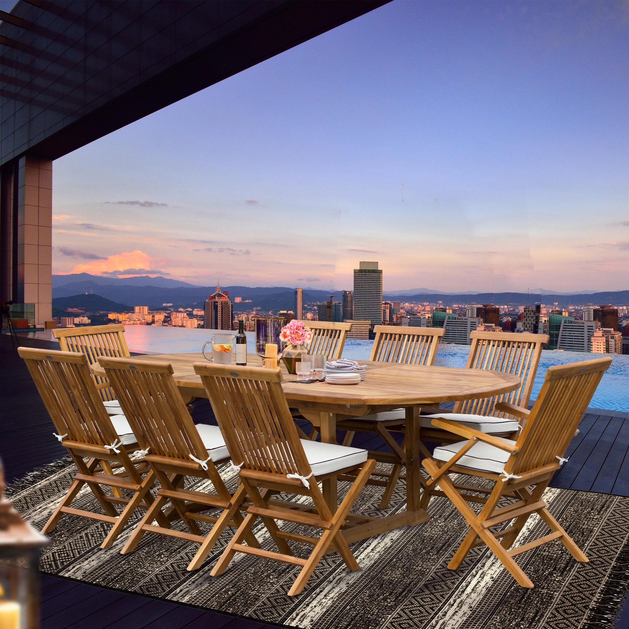 9 Piece Teak Wood Miami Patio Dining Set with Oval Extension Table, 2 Folding Arm Chairs and 6 Folding Side Chairs