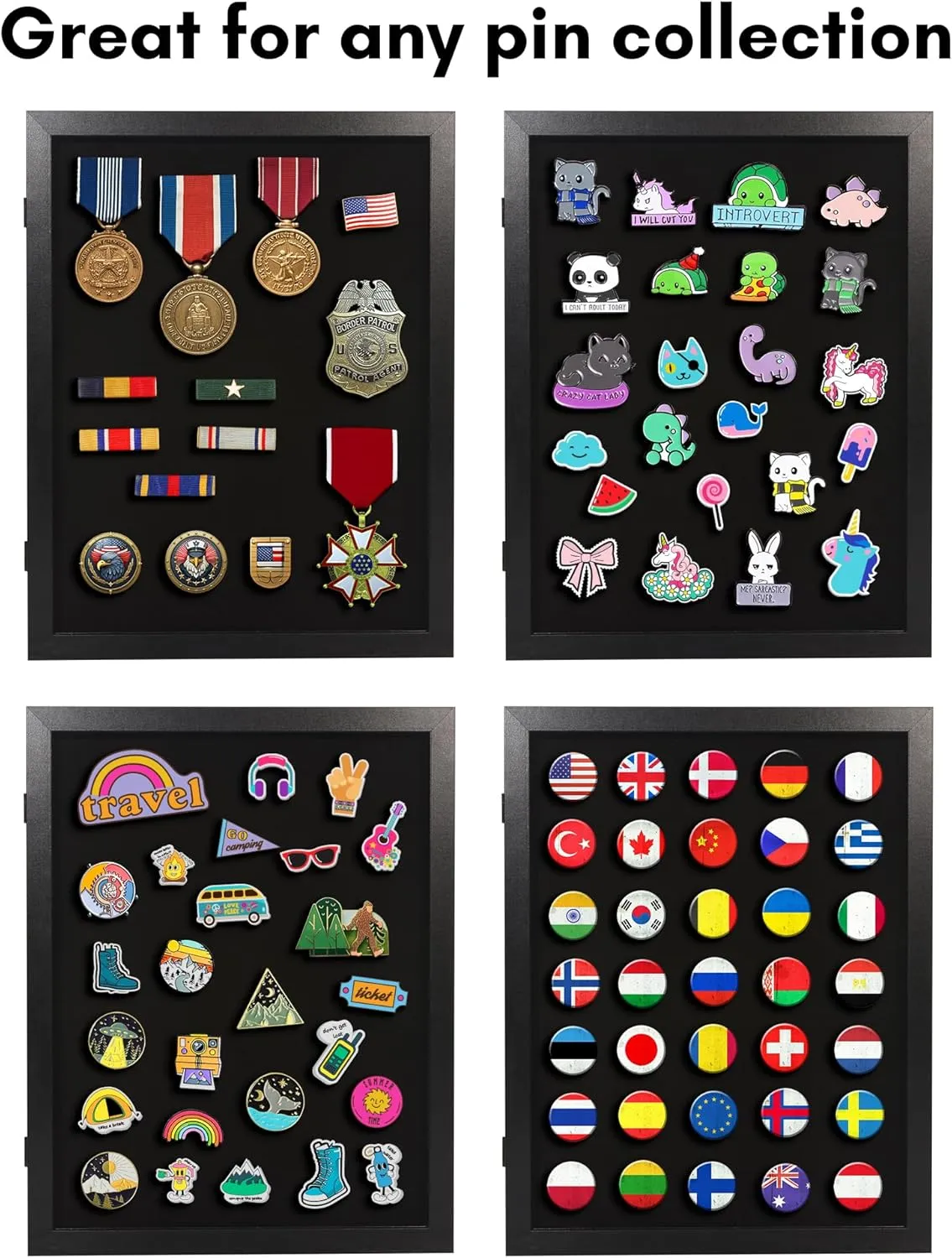 Americanflat 14x18 Pin Display Case - Ideal for Enamel Pins, Medals, Jewelry, Memorabilia - Silhouette Collection - Black Pin Collection Display with Polished Plexiglass for Wall Decor