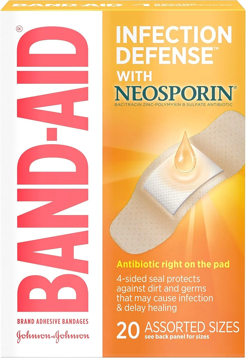Band-Aid - 5570 Brand Bandages with Neosporin Antibiotic Ointment, Assorted Sizes, 20 ct
