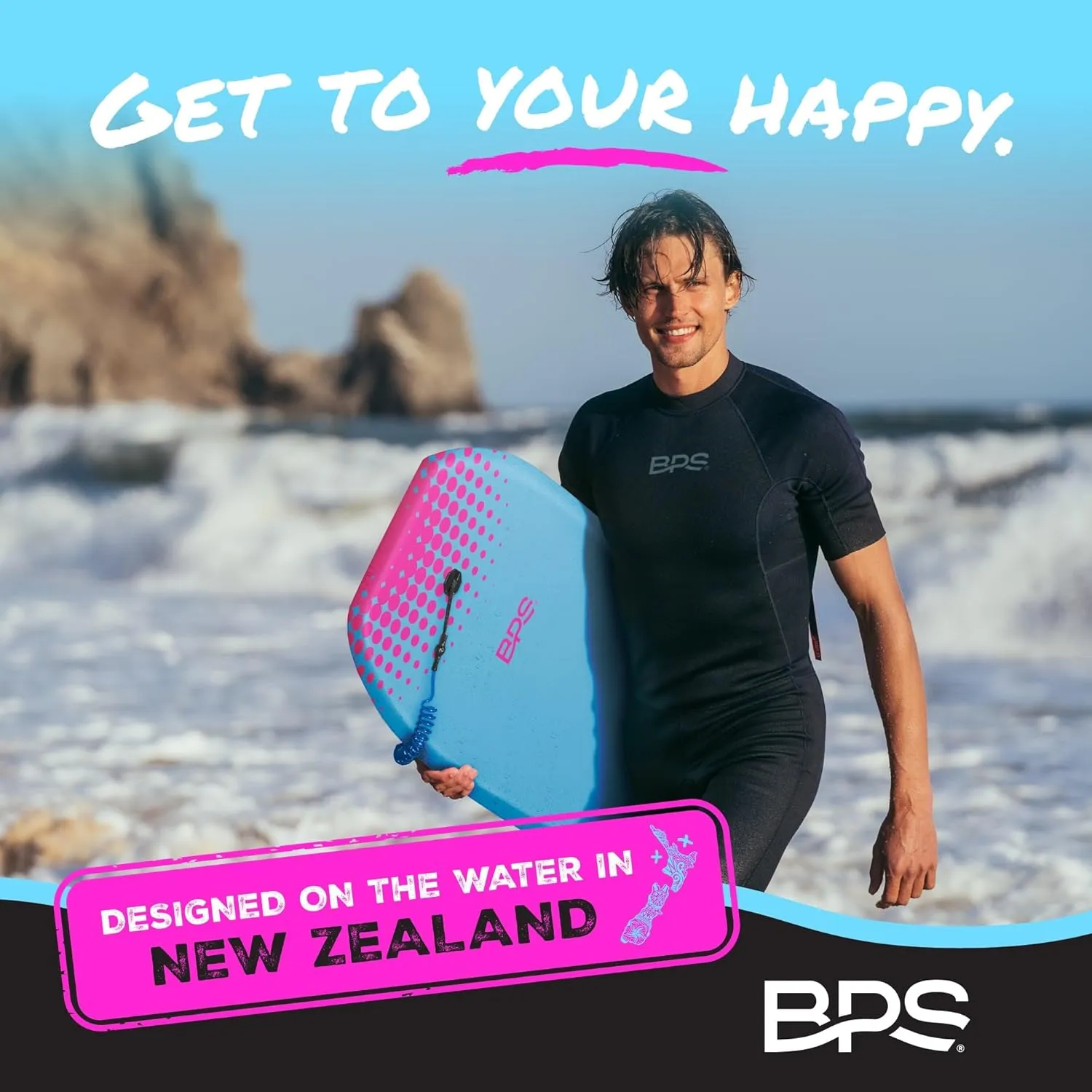 BPS New Zealand Shaka Body Board for All Wave Conditions - Lightweight with EPS Core, HDPE Slick Bottom, Body Boards for Beach with Wrist Leash and Plug for Kids and Adults - All Skill Levels
