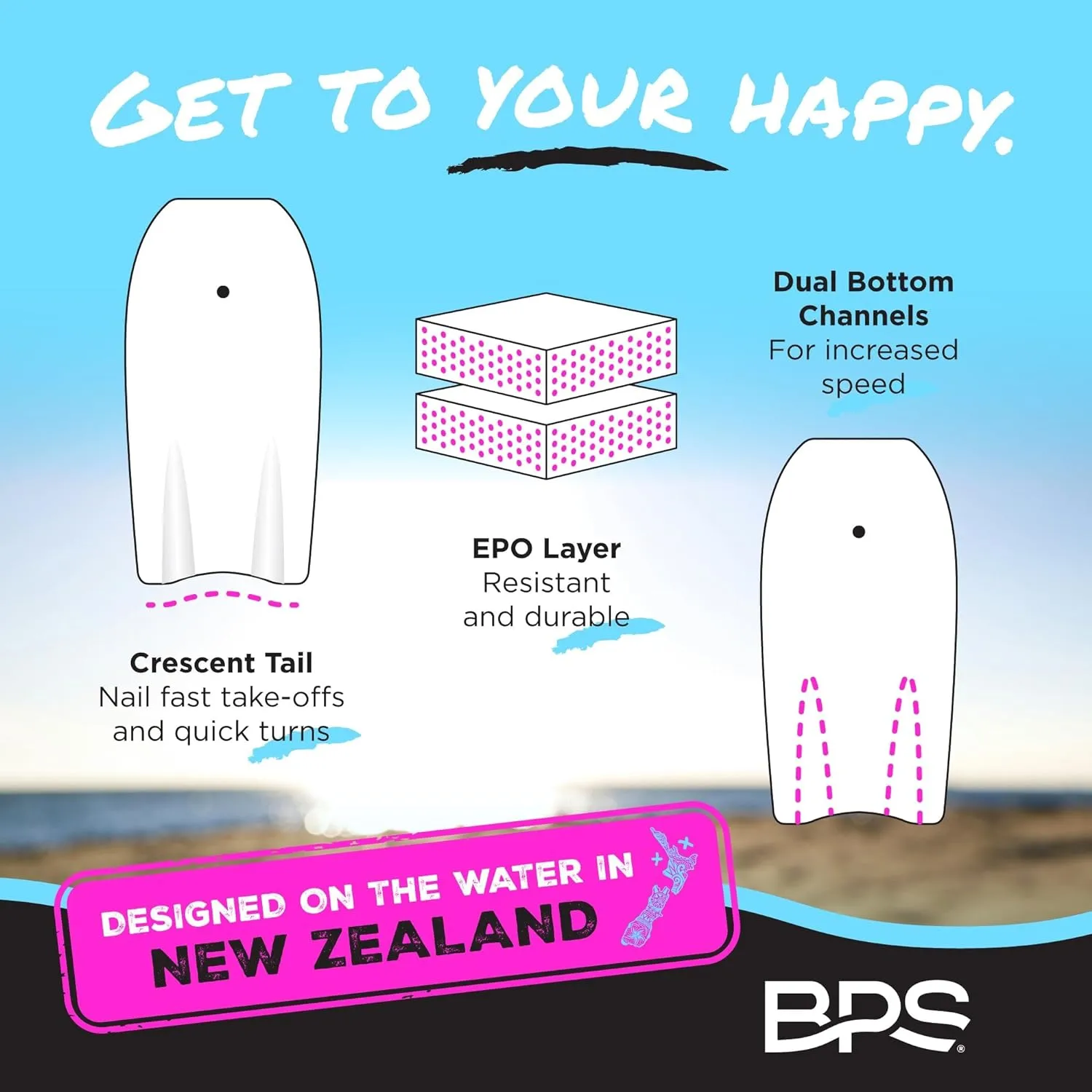 BPS New Zealand Shaka Body Board for All Wave Conditions - Lightweight with EPS Core, HDPE Slick Bottom, Body Boards for Beach with Wrist Leash and Plug for Kids and Adults - All Skill Levels