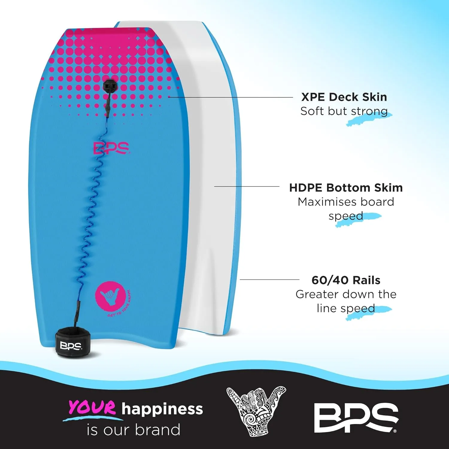 BPS New Zealand Shaka Body Board for All Wave Conditions - Lightweight with EPS Core, HDPE Slick Bottom, Body Boards for Beach with Wrist Leash and Plug for Kids and Adults - All Skill Levels