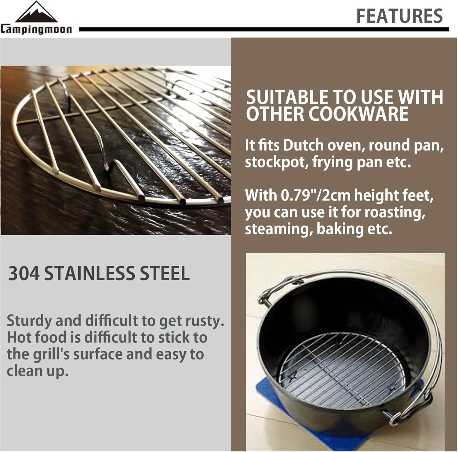CAMPINGMOON Round Roasting Baking Steaming Cooling Rack Cooking Grid Grill Stainless Steel Fits for Dutch Oven (Diameter 6.7inch, W17)