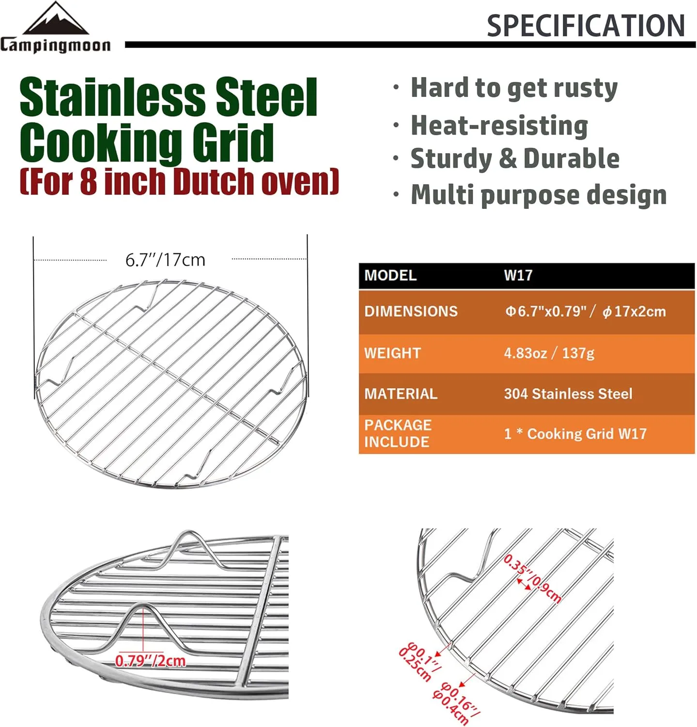 CAMPINGMOON Round Roasting Baking Steaming Cooling Rack Cooking Grid Grill Stainless Steel Fits for Dutch Oven (Diameter 6.7inch, W17)