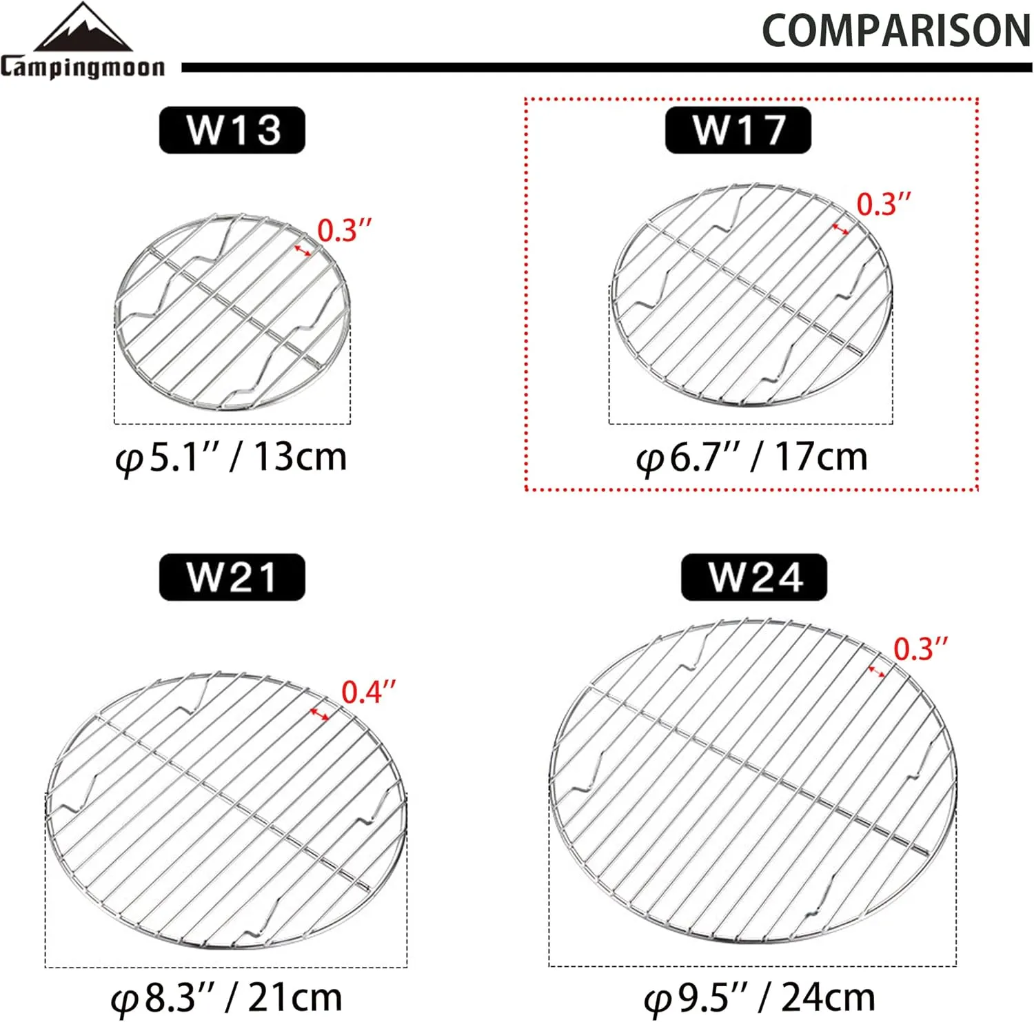 CAMPINGMOON Round Roasting Baking Steaming Cooling Rack Cooking Grid Grill Stainless Steel Fits for Dutch Oven (Diameter 6.7inch, W17)