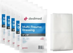 Dealmed 12" x 30" Multi-Trauma Dressing  Sterile Emergency Oversized Pad, Superior Absorbency, Protection and Padding, Wound Care Product for First Aid Kit (Pack of 5)