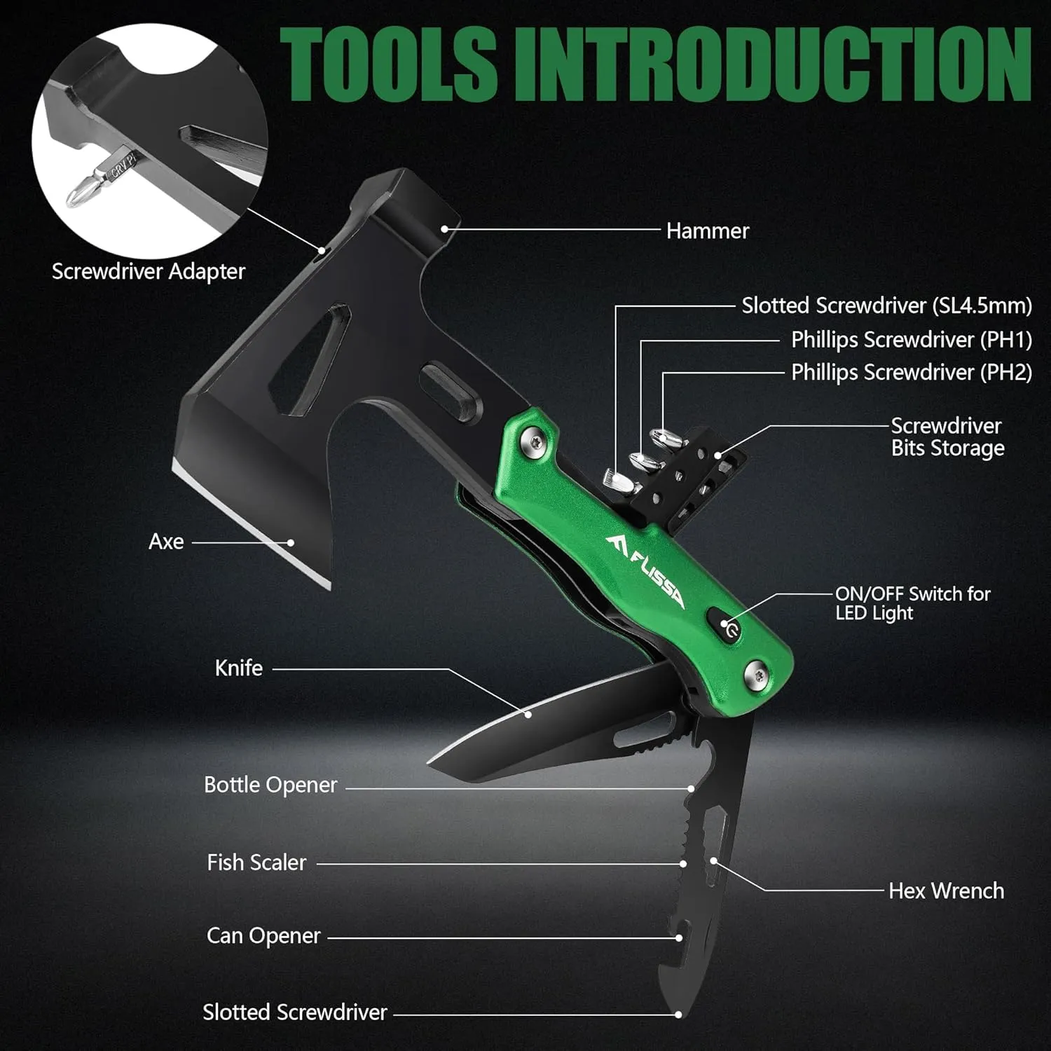 FLISSA Camping Axe Hammer 14-in-1 Multitool, Hatchet Multi Tool Stainless Steel with LED Light, EDC Hiking Survival Multi Function Tool Pocket Knife with Sheath