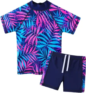 Girls Two Piece Swimsuit Floral UPF 50  Rash Guard Set Kids Beach Swimwear