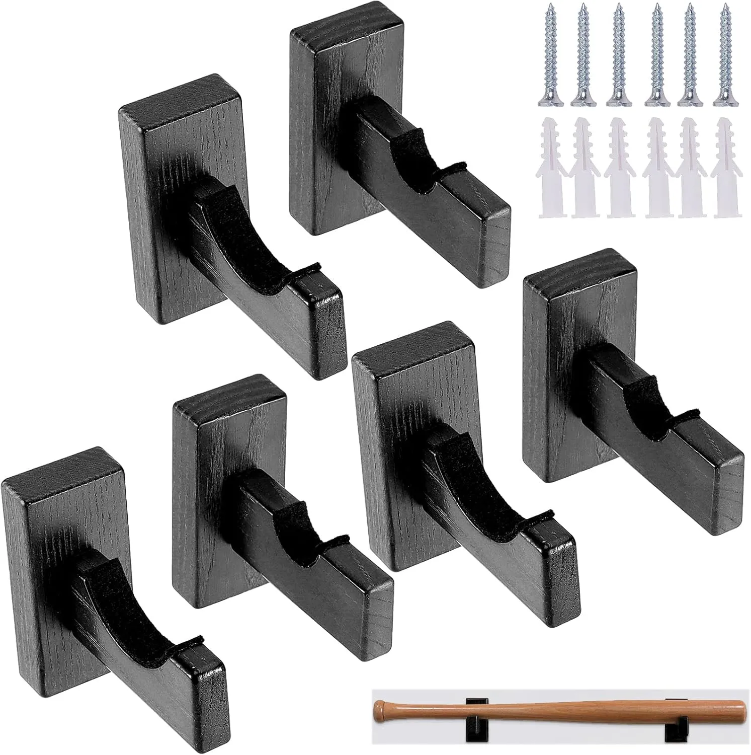 HAKZEON 6 PCS Baseball Bat Display Case Holder, Solid Wood Rack Brackets Baseball Bat Hanger Wall Mount with 9 Protective Plugs and 9 Hidden Screws for Horizontal Display, Black