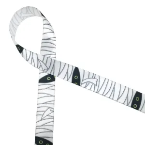 Halloween Mummy ribbon in black and white with green eyes on 5/8"white satin