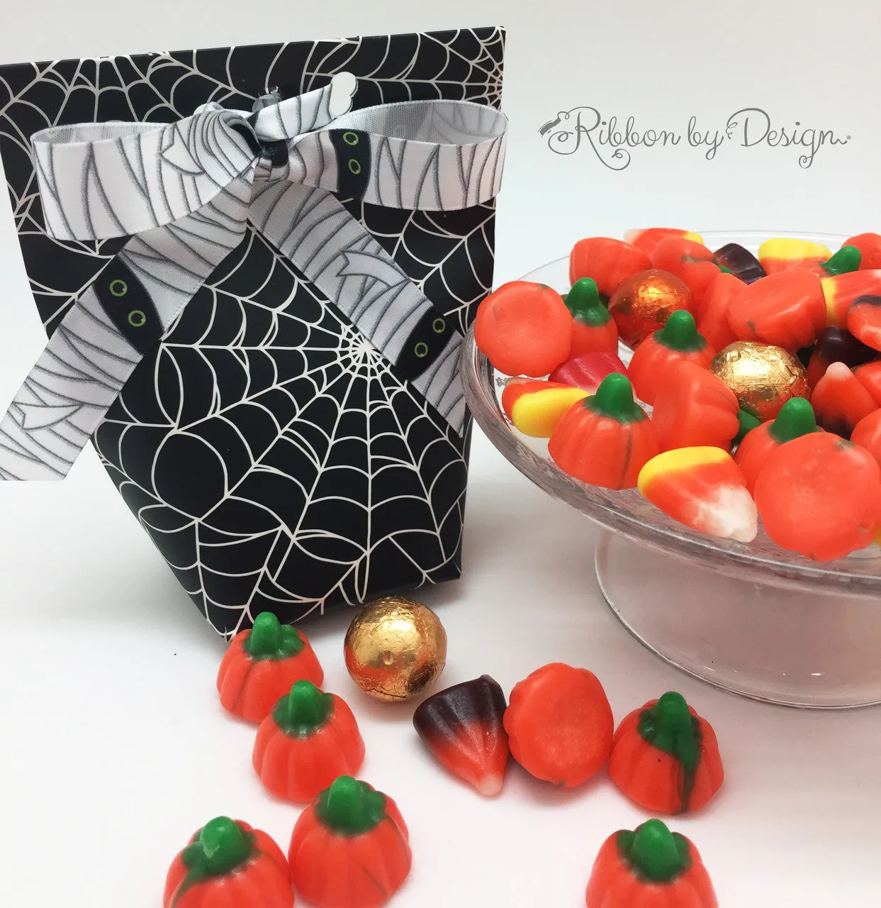 Halloween Mummy ribbon in black and white with green eyes on 5/8"white satin
