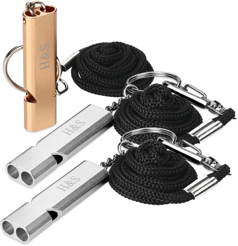 H&S Survival Safety Whistles for Outdoor Camping - Set of 3 - Aluminum Emergency Whistles for Sports and Dog Training - Whistle with Lanyard and Chain Belt for Boating