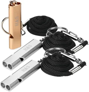 H&S Survival Safety Whistles for Outdoor Camping - Set of 3 - Aluminum Emergency Whistles for Sports and Dog Training - Whistle with Lanyard and Chain Belt for Boating