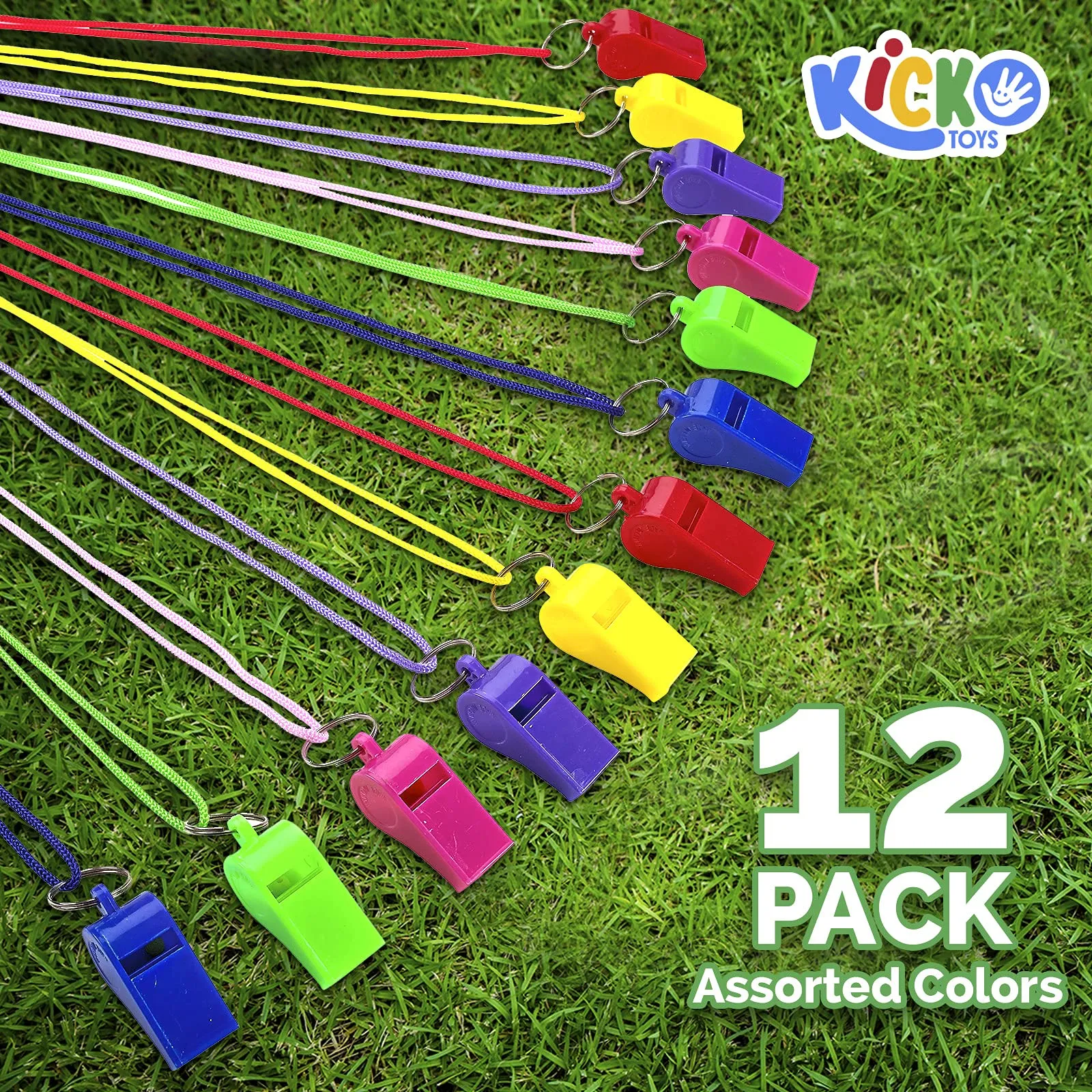 Kicko Plastic Neon Necklace Whistles - 12 Pack Assorted Colors Fun Noise Making Whistles