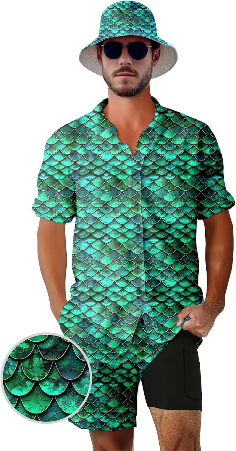 Mens 2 Piece Tracksuit Hawaiian Shirt for Men Button Down Shirts Shorts Rave Outfits with Bucket Hats
