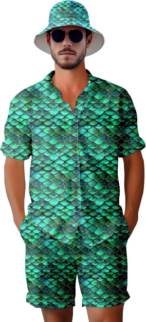 Mens 2 Piece Tracksuit Hawaiian Shirt for Men Button Down Shirts Shorts Rave Outfits with Bucket Hats