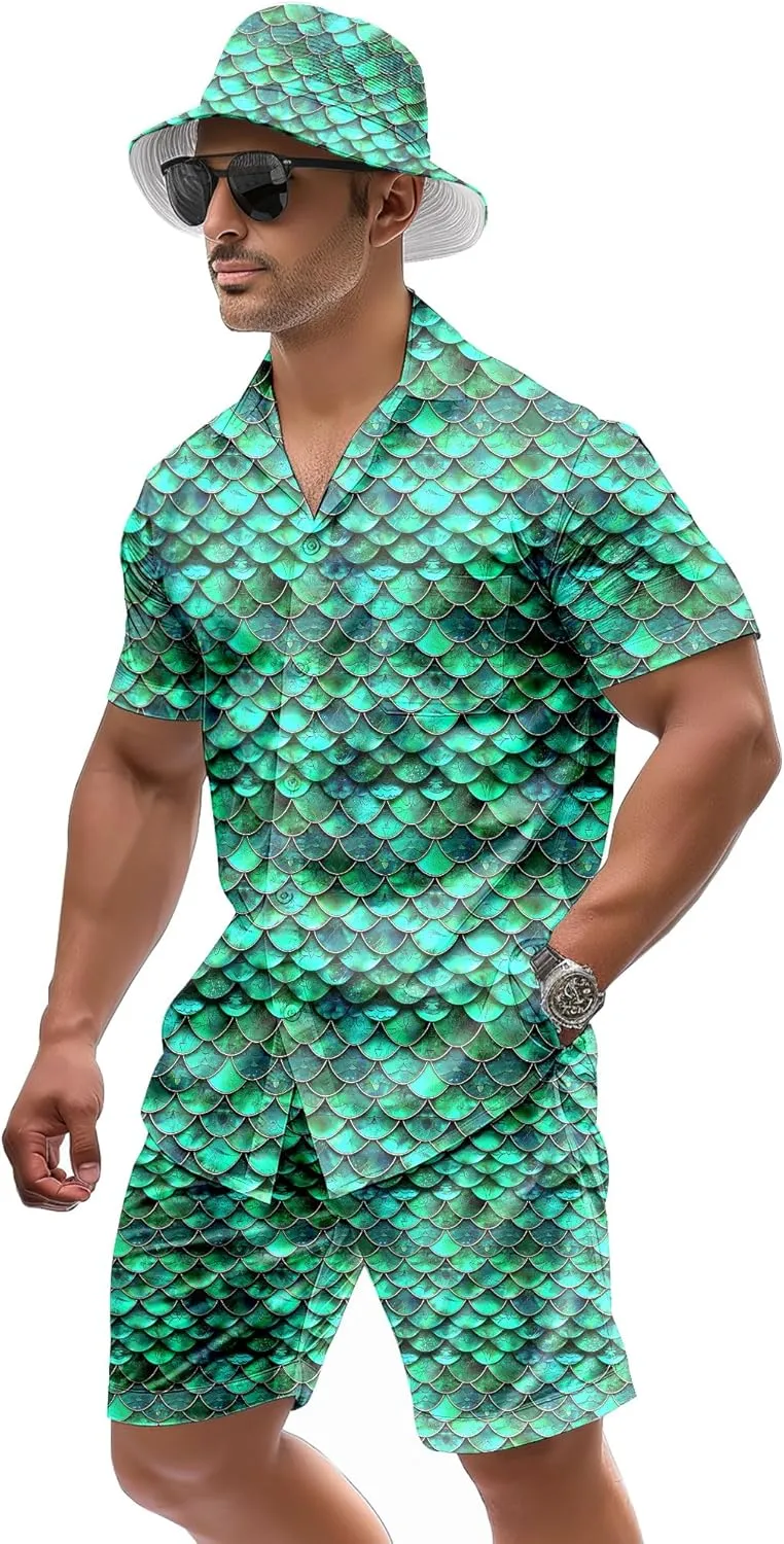 Mens 2 Piece Tracksuit Hawaiian Shirt for Men Button Down Shirts Shorts Rave Outfits with Bucket Hats