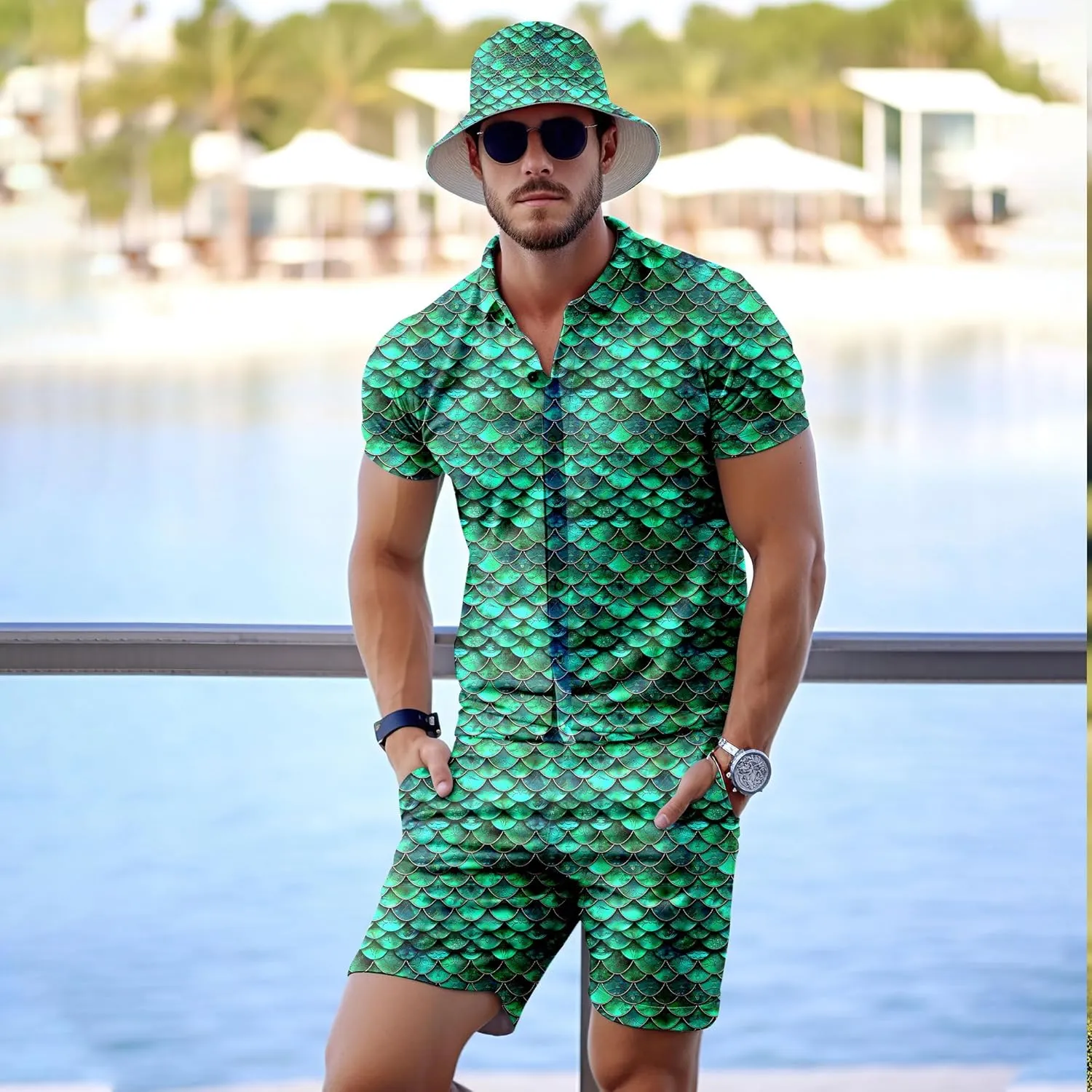 Mens 2 Piece Tracksuit Hawaiian Shirt for Men Button Down Shirts Shorts Rave Outfits with Bucket Hats
