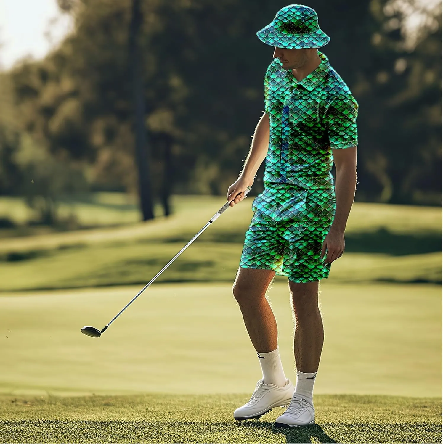 Mens 2 Piece Tracksuit Hawaiian Shirt for Men Button Down Shirts Shorts Rave Outfits with Bucket Hats