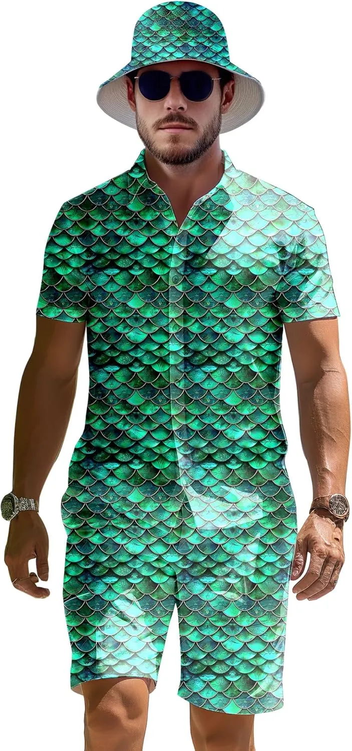 Mens 2 Piece Tracksuit Hawaiian Shirt for Men Button Down Shirts Shorts Rave Outfits with Bucket Hats