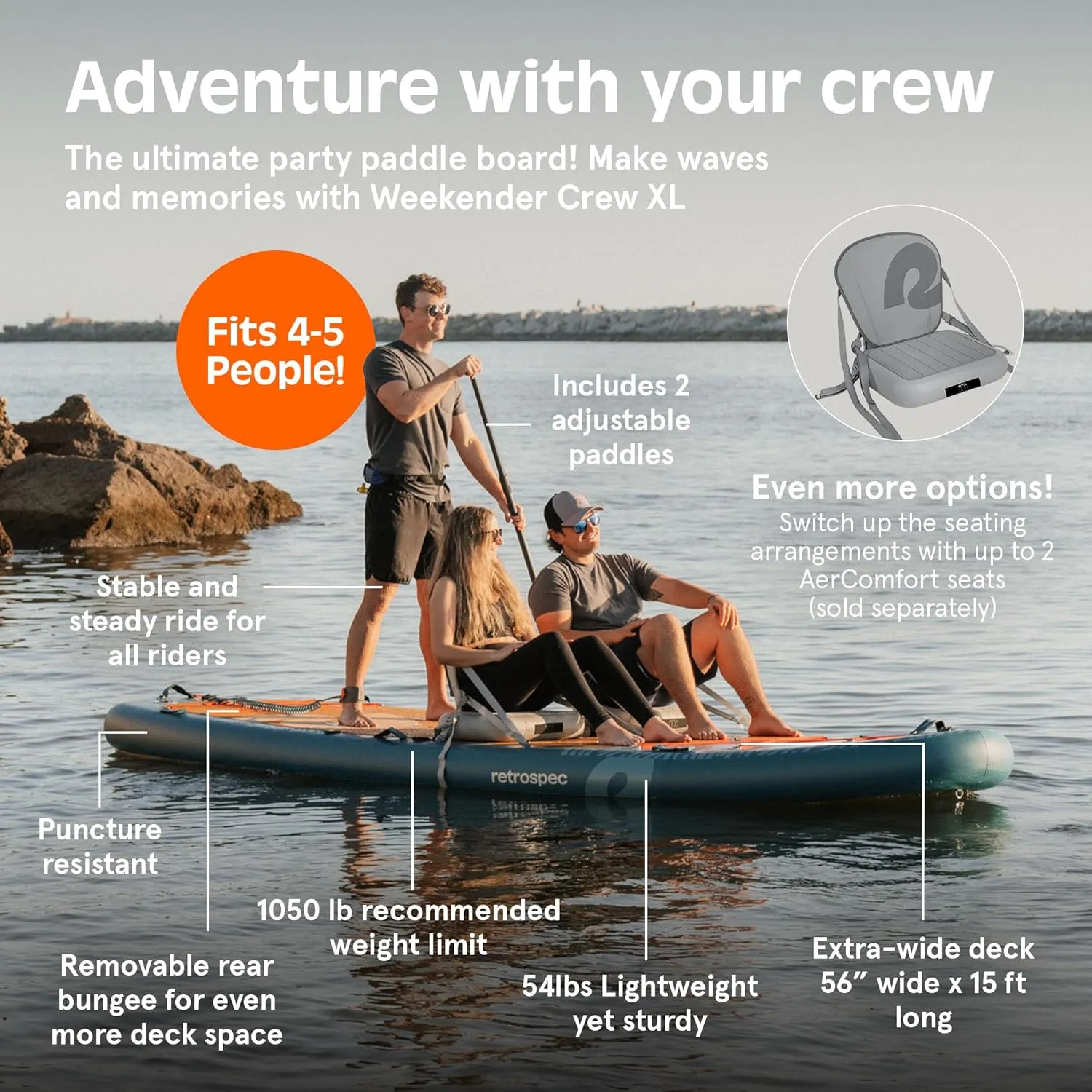 Retrospec Weekender Crew 12 ft & XL Multi Person Paddle Board for 2-5 People, Puncture Resistant & Durable, 500 & 1050 LB Capacity Lightweight iSUP Inflatable Paddle Board