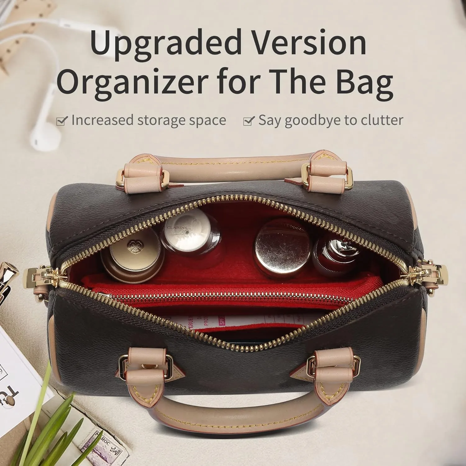 Small Purse Organizer insert for Handbags,Small Bag Organizer,Bag Divider,Felt Organizer Insert Compatible with LV Speedy,Onthego,Alma,NeoNoe,Noe,with Zipper Pocket (Red, S)