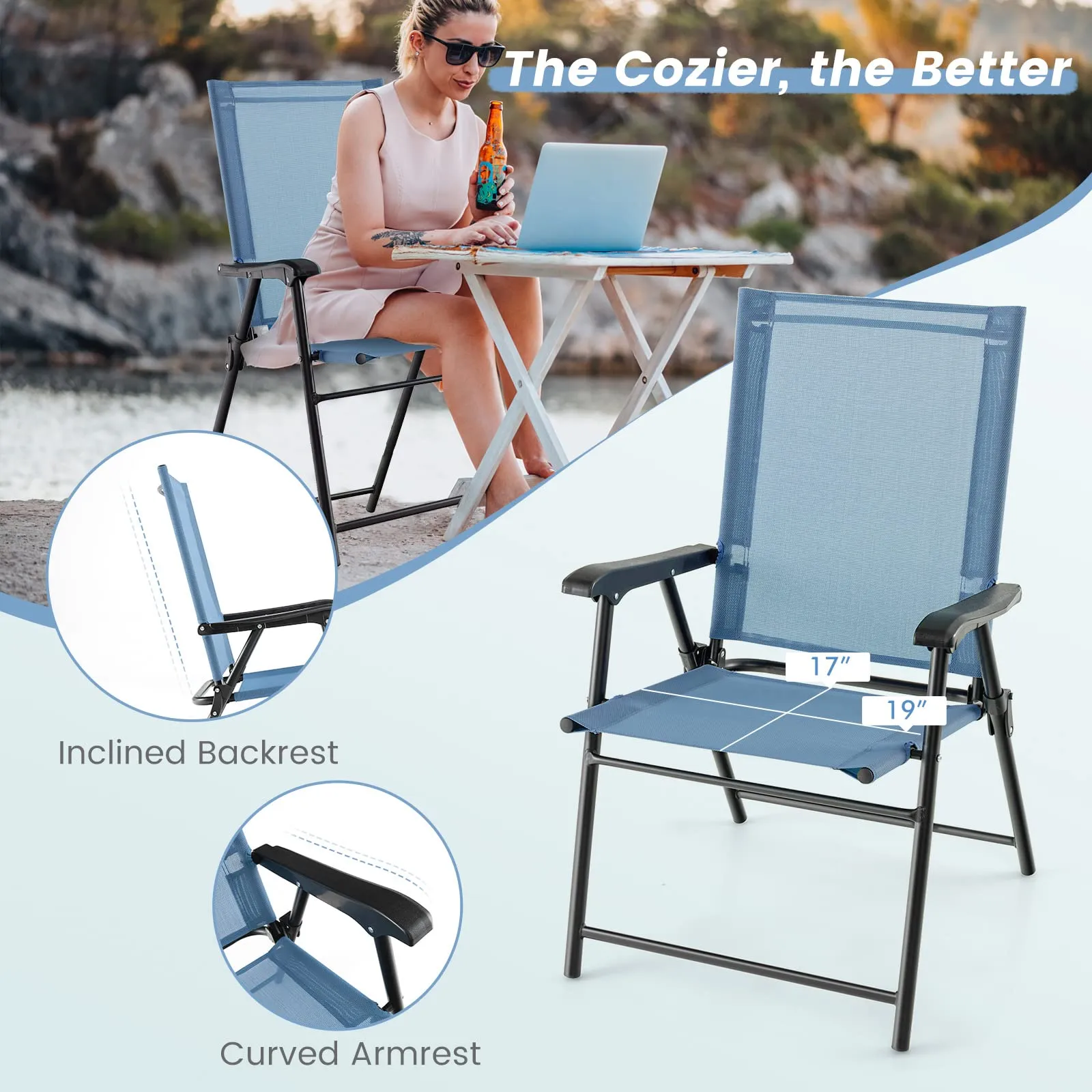 Tangkula Set of 2 Patio Folding Chairs, Portable Sling Back Chairs with Armrests and Metal Frame