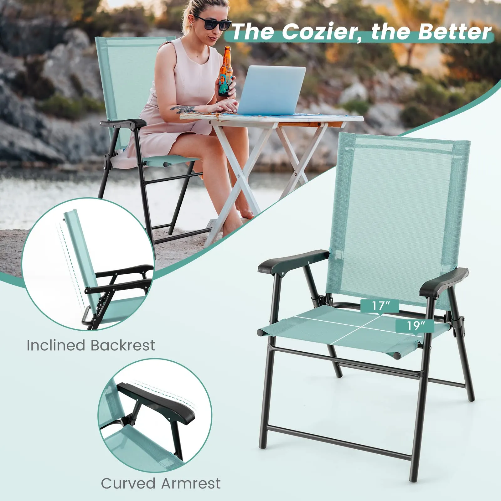 Tangkula Set of 2 Patio Folding Chairs, Portable Sling Back Chairs with Armrests and Metal Frame