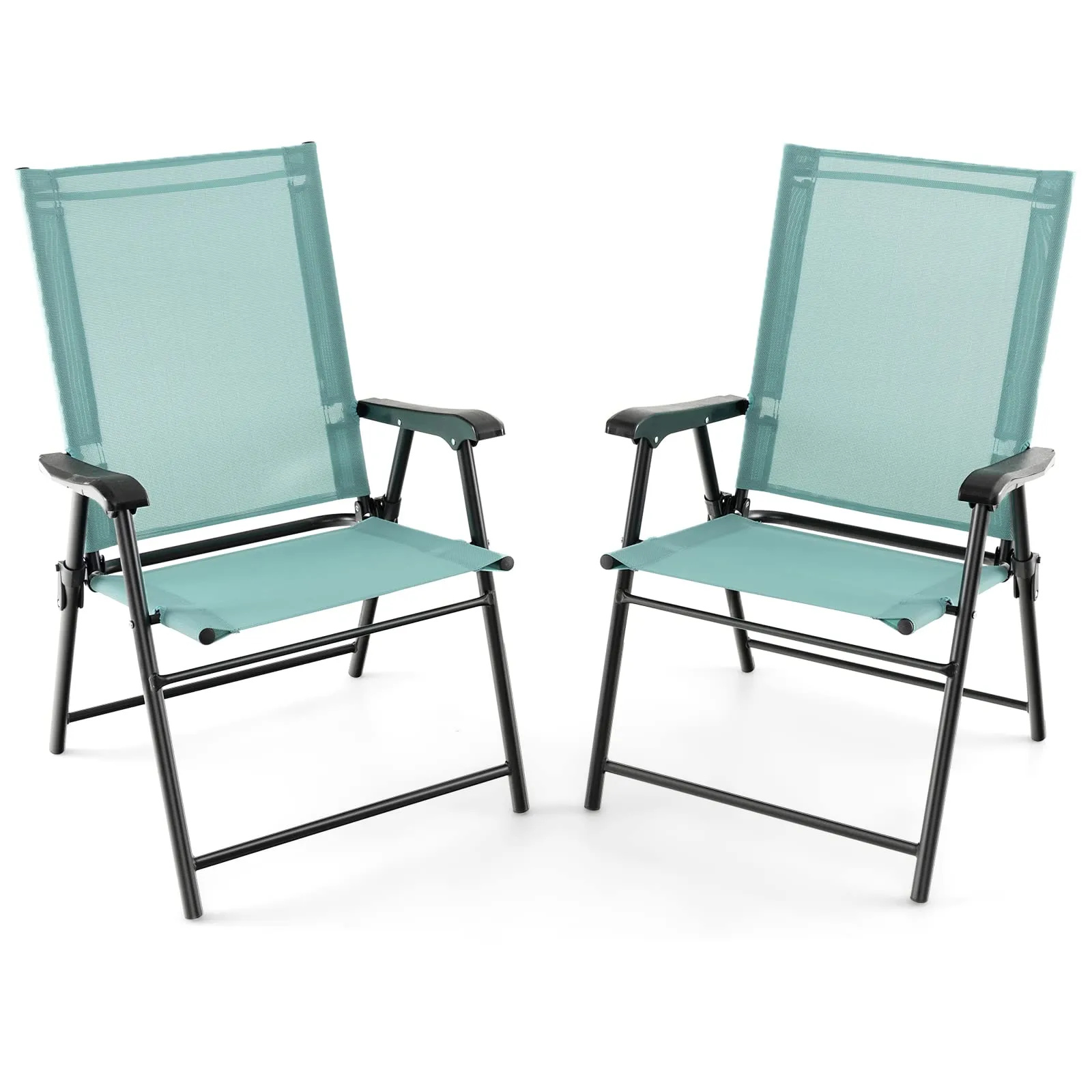 Tangkula Set of 2 Patio Folding Chairs, Portable Sling Back Chairs with Armrests and Metal Frame