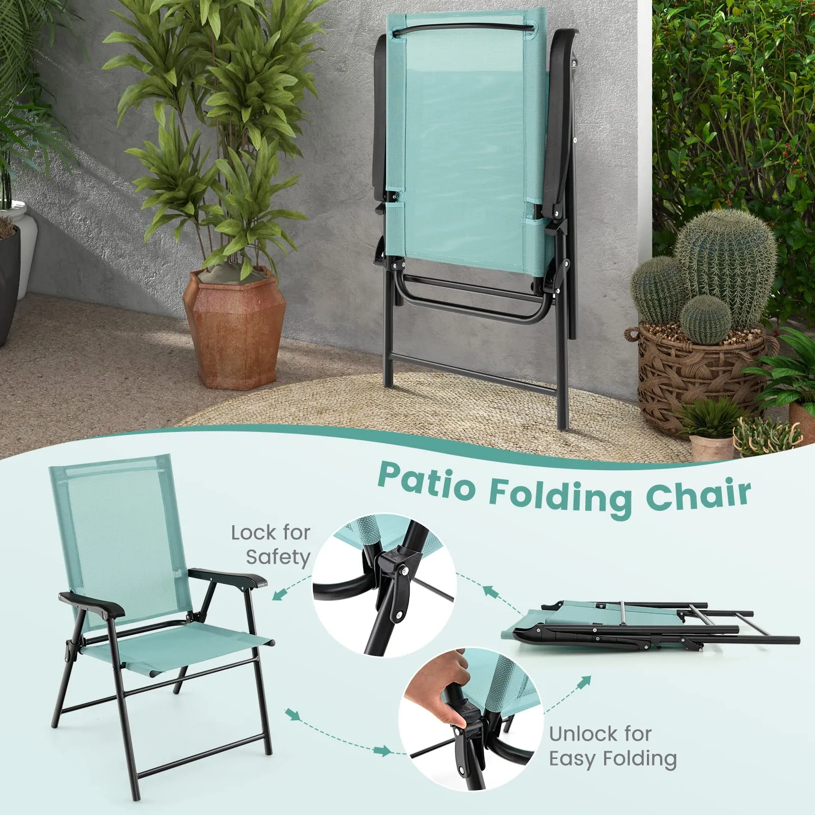 Tangkula Set of 2 Patio Folding Chairs, Portable Sling Back Chairs with Armrests and Metal Frame