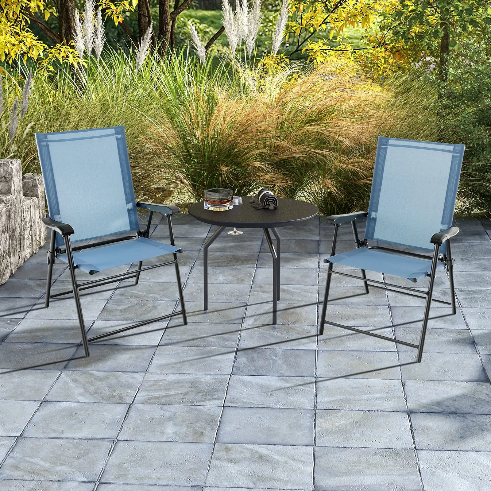 Tangkula Set of 2 Patio Folding Chairs, Portable Sling Back Chairs with Armrests and Metal Frame