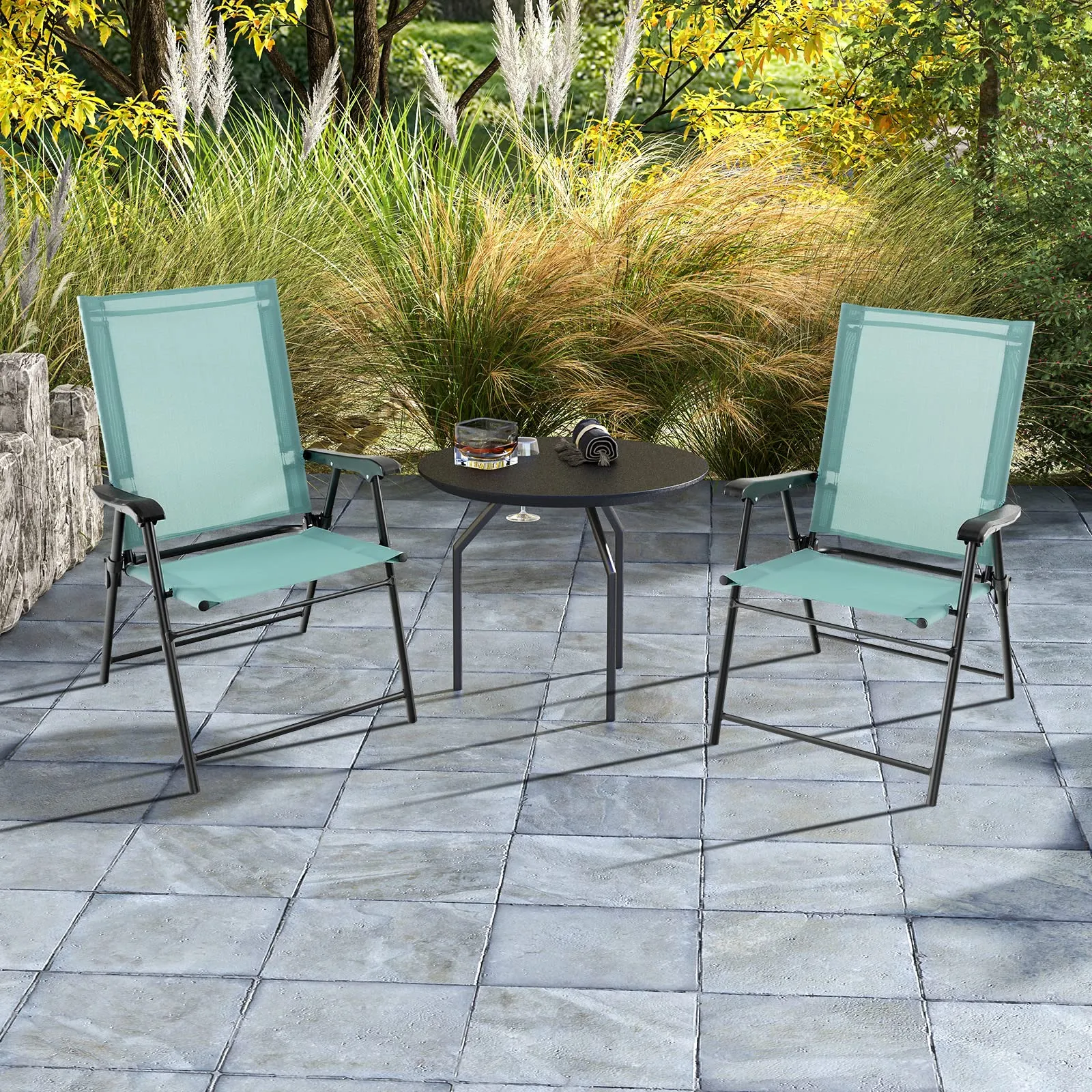 Tangkula Set of 2 Patio Folding Chairs, Portable Sling Back Chairs with Armrests and Metal Frame